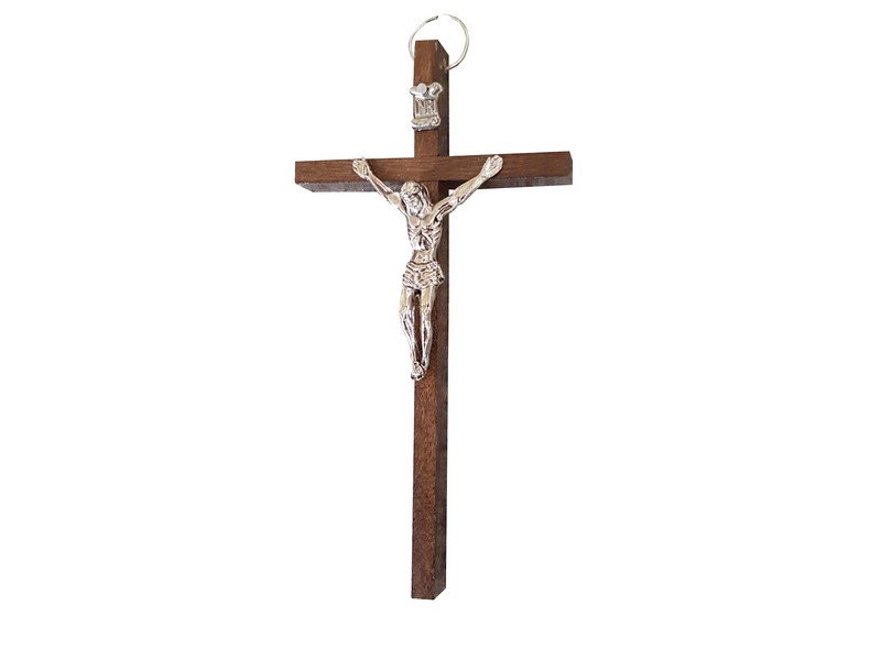 Holzkreuz m. Metallkorpus vernickelt 13x7cm Holzkreuz m. Metallkorpus vernickelt 13x7cm