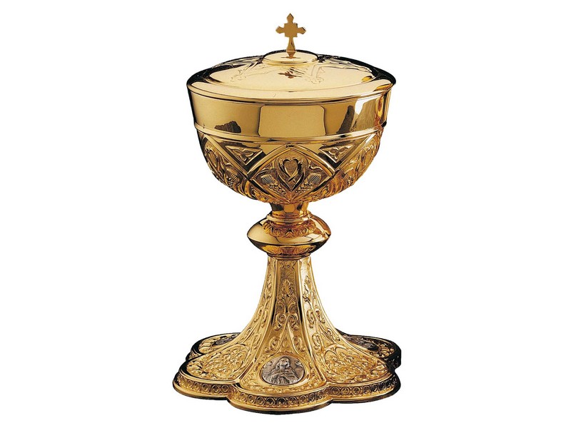 Ciborium Messing vergoldet mit Medaillons versilbert 22,5 cm