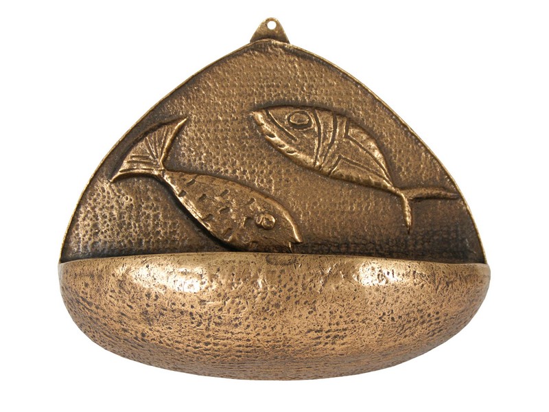 Kirchenweihwasserbecken Bronze mit 2 Fische , 21x7x18 cm