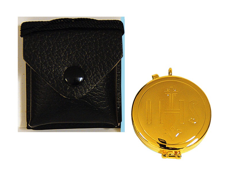 Pyxis vergoldet H: 1,5 cm, ø 5,5 cm in Ledertasche