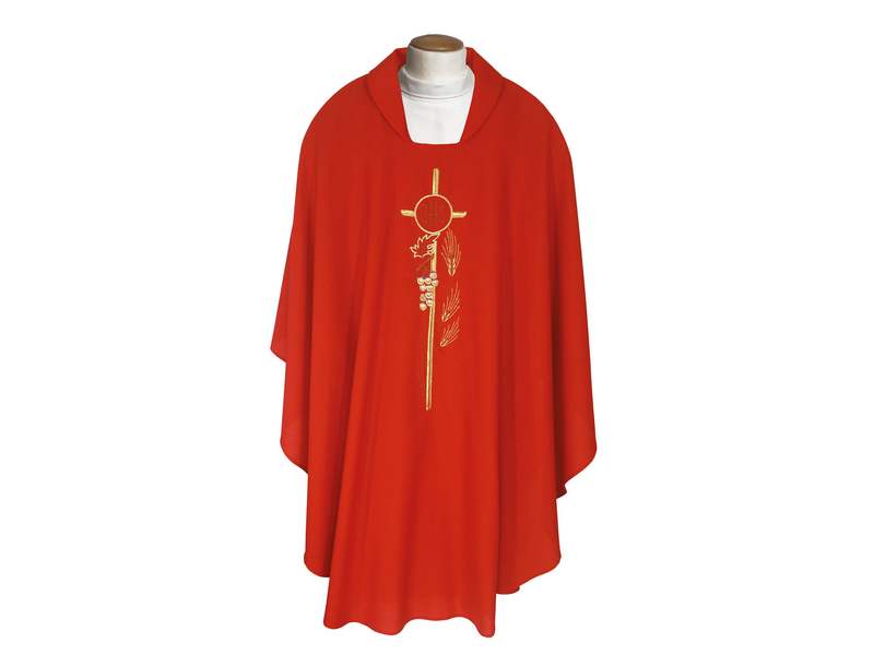 Casel weiß m. Stola IHS, Kreuz, Traube, Ähre ungefüttert Casel weiß m. Stola IHS, Kreuz, Traube, Ähre ungefüttert