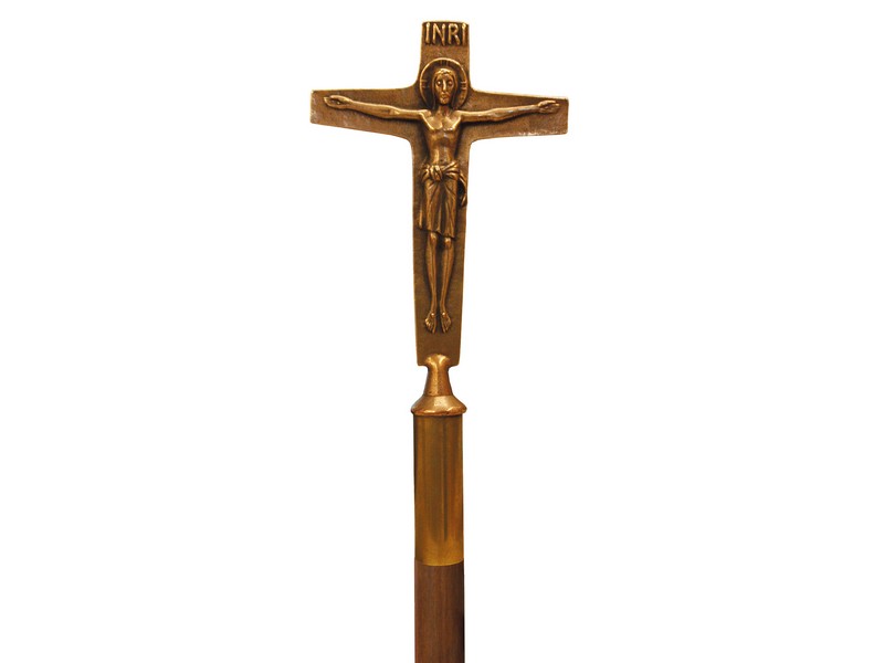 Vortragskreuz Bronze mit eingearbeitetem Korpus, mit Tülle Vortragskreuz Bronze mit eingearbeitetem Korpus, mit Tülle