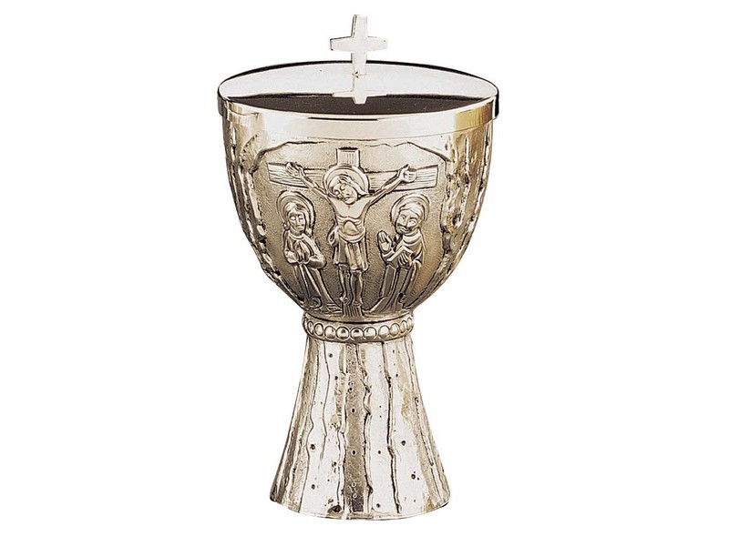 Ciborium mit Symbol Kreuzigung H: 17,5 cm Messing versilbert