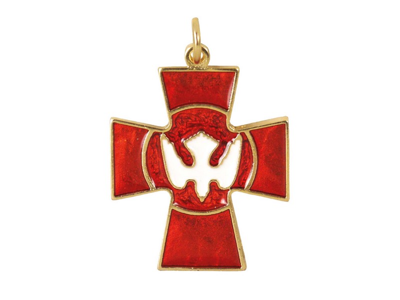 Kreuz goldfarbig, Email rot, Taube weiß, 4,5 cm Kreuz goldfarbig, Email rot, Taube weiß, 4,5 cm