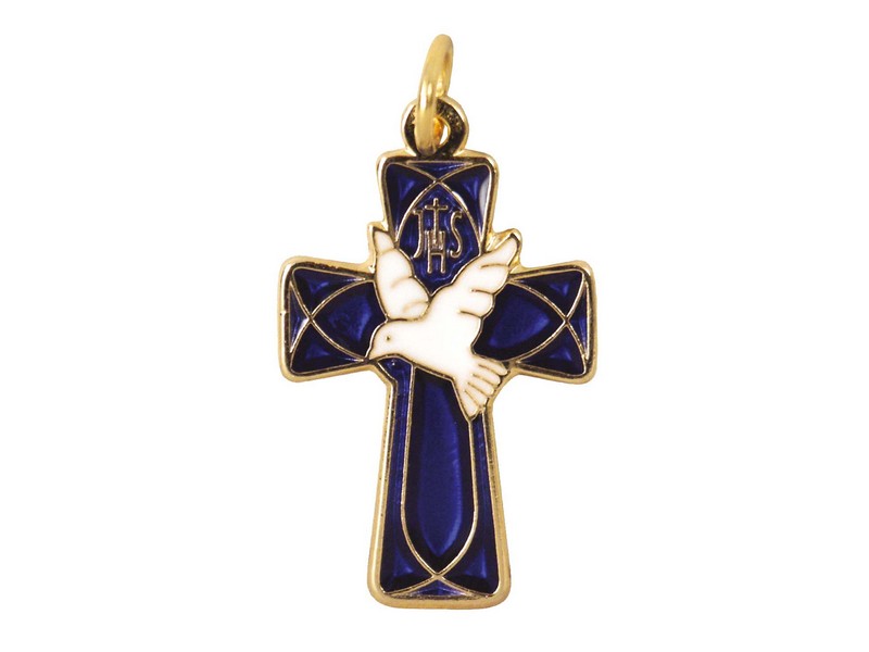 Kreuz, Email Taube blau, 4,5 cm, zum Umhängen