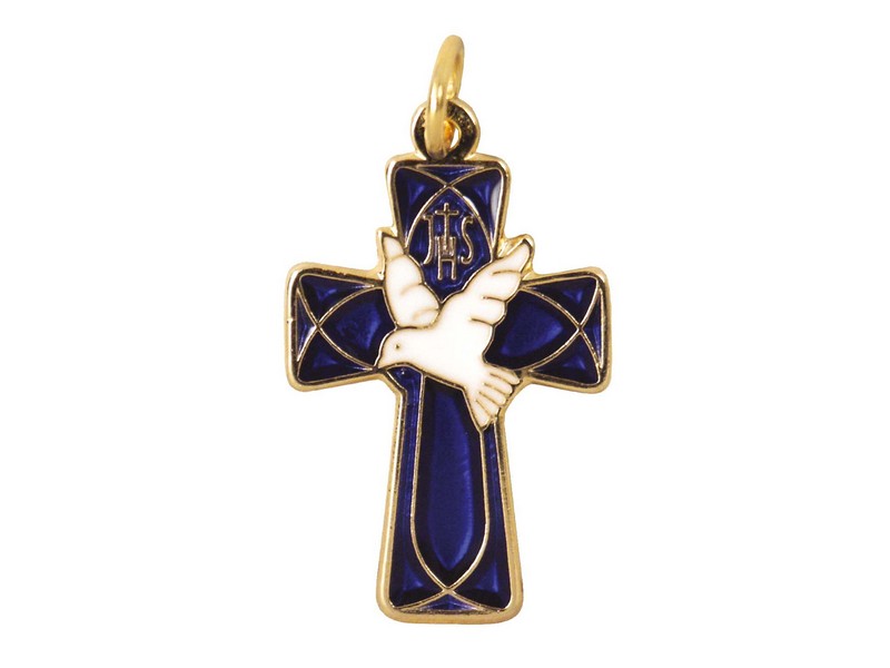 Kreuz, Email Taube blau, 4,5 cm, zum Umhängen Kreuz, Email Taube blau, 4,5 cm, zum Umhängen