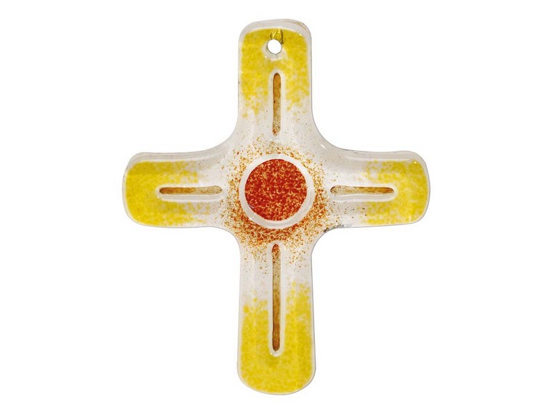 Glaskreuz, H: 10 cm, B: 8,5 cm gelb-rot *v*