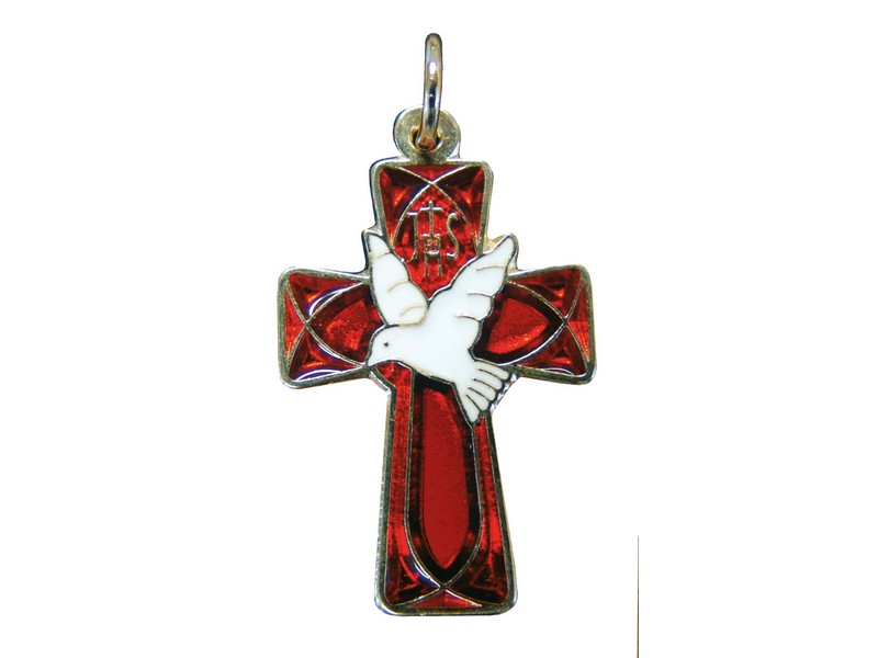 Kreuz, Email Taube rot 4,5 cm, zum Umhängen Kreuz, Email Taube rot 4,5 cm, zum Umhängen