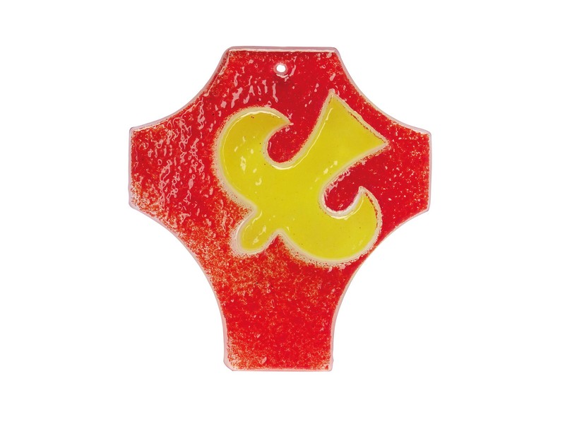 Glaskreuz rot erhaben, mit Taube, 10x8,5 cm *v* Glaskreuz rot erhaben, mit Taube, 10x8,5 cm *v*