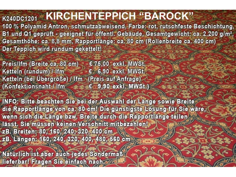 Kirchenteppich 'Barock' rot, rutschfest beschichtet Kirchenteppich 'Barock' rot, rutschfest beschichtet