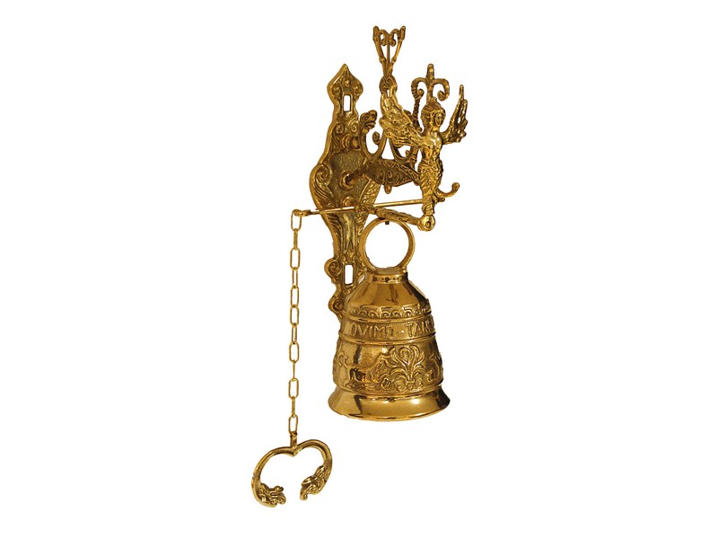 Sakristeiglocke ø ca. 11 cm mit Halterung, Messing mit Engel Sakristeiglocke ø ca. 11 cm mit Halterung, Messing mit Engel
