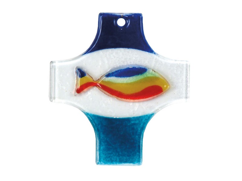 Glaskreuz Fisch Regenbogenfarben 10 x 9 cm erhaben *v* Glaskreuz Fisch Regenbogenfarben 10 x 9 cm erhaben *v*