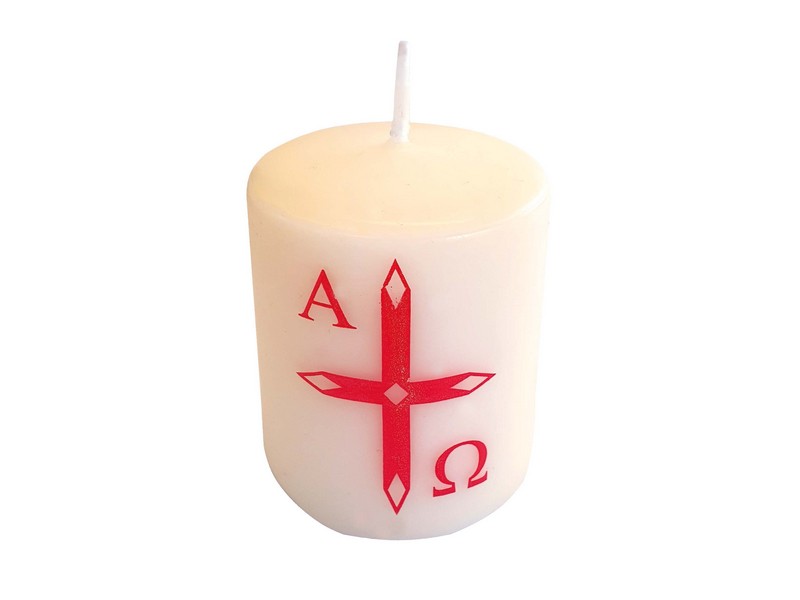 Osternachtskerze Stumpen mit Kreuz A/O, ø 5cm H: 6 cm Osternachtskerze Stumpen mit Kreuz A/O, ø 5cm H: 6 cm