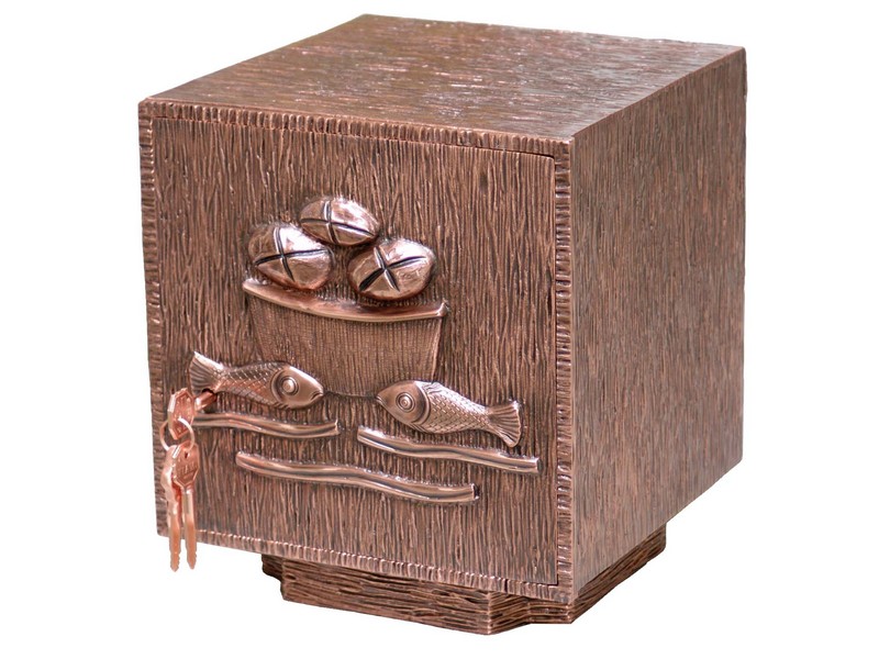 Tabernakel Brot und Fische, Bronze, B/L/H:25x25x28 cm Tabernakel Brot und Fische, Bronze, B/L/H:25x25x28 cm