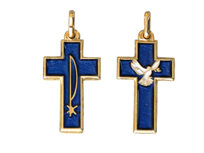 Kreuzchen blau Taube/Pax, Email z. Umhängen, 4x2 cm Kreuzchen blau Taube/Pax, Email z. Umhängen, 4x2 cm