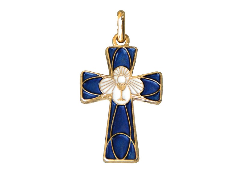 Kreuzchen blau Kelch, Email zum Umhängen, 4x2,5 cm Kreuzchen blau Kelch, Email zum Umhängen, 4x2,5 cm