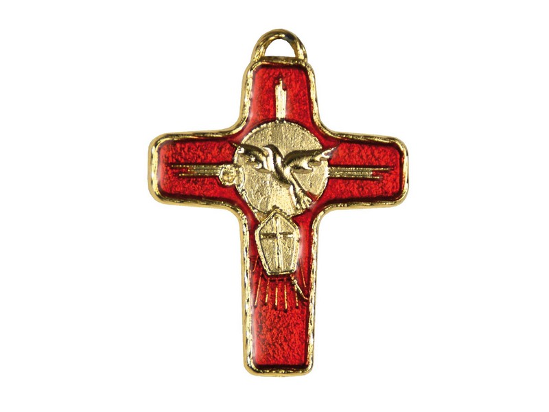Kreuzchen rot mit Taube, Email, zum Umhängen 4,5x3,5 cm Kreuzchen rot mit Taube, Email, zum Umhängen 4,5x3,5 cm