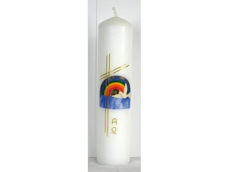 Kerze weiß ø 6x27 cm, Motiv 3 (Regenbogen, Taube)