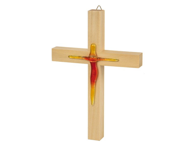 Holzkreuz hell mit Glaskorpus orange/gelb, 20x14 cm