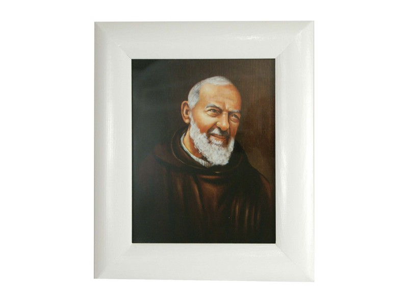 Bild Pater Pio, Holzrahmen weiß u. Glas 29x34 cm