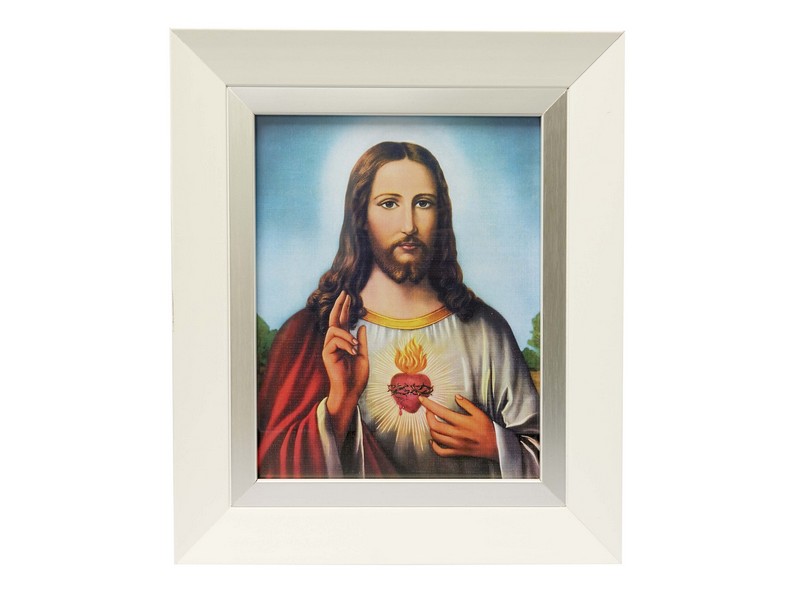 Bild Herz Jesu, Holzrahmen weiß u. Glas 29x34 cm