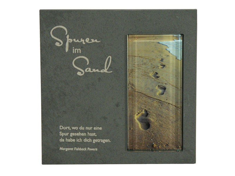 Schiefertafel mit Glaseinsatz 'Spuren im Sand', 17x17 cm