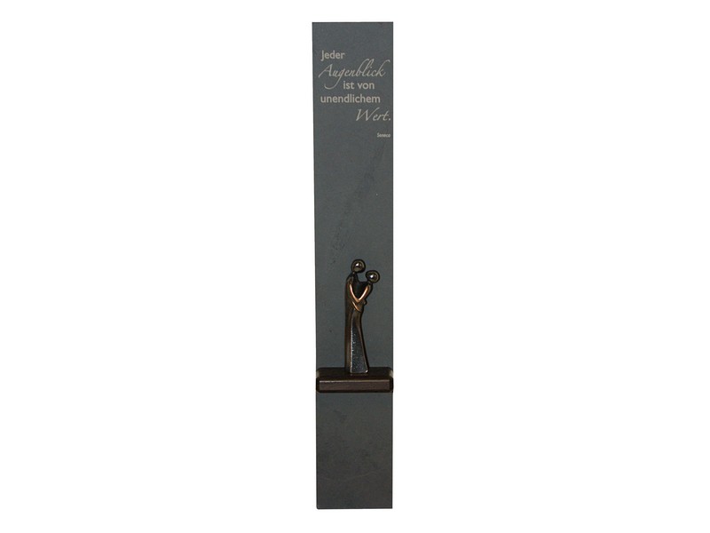 Schiefertafel m. Spruch und Bronzefigur, 60x9,5 cm