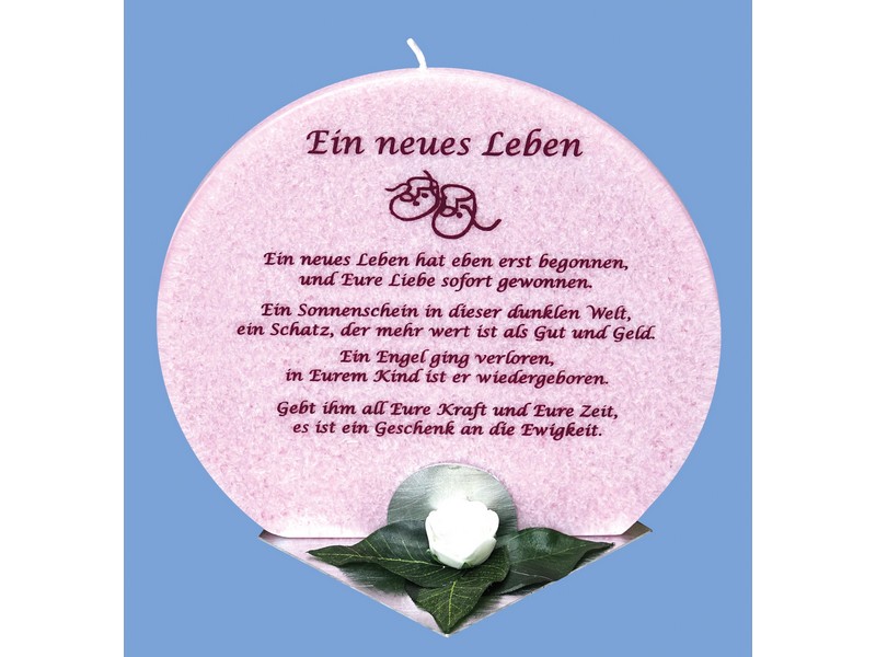 Kerze mit Spruch 'Ein neues Leben' rosa, H: 17 cm