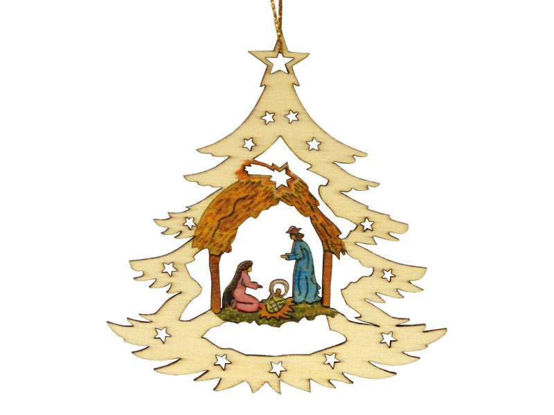 Holztannenbaum Hl. Familie bemalt 6 cm, Laubsägetechnik Holztannenbaum Hl. Familie bemalt 6 cm, Laubsägetechnik