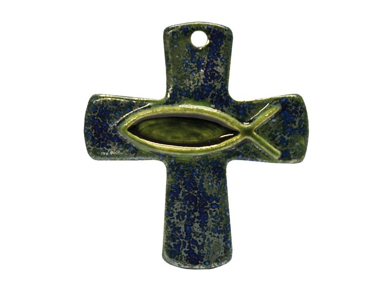 Keramikkreuz Fisch blau/grün, 9,5x8,5 cm