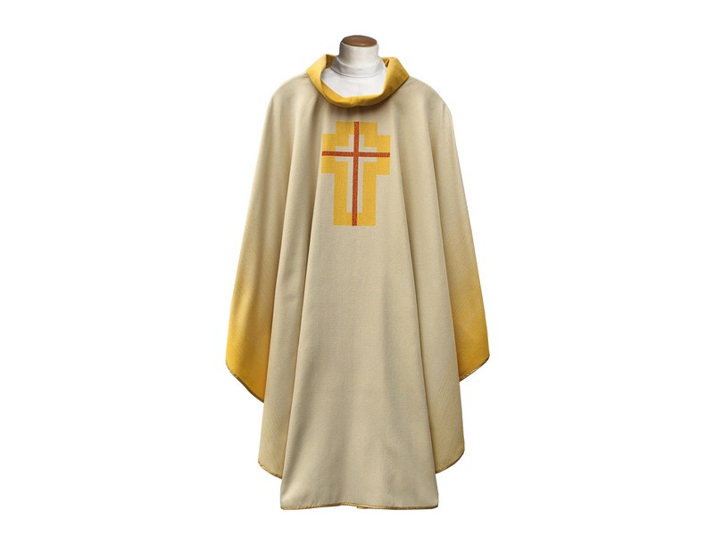 Kasel mit Motiv Kreuz weiß/Goldlurex ungefüttert, m. Innenst Kasel mit Motiv Kreuz weiß/Goldlurex ungefüttert, m. Innenst