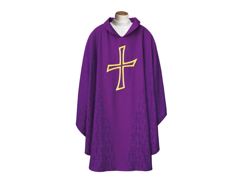 Kasel violett gefüttert, Wolltrevira mit Kreuz bestickt Kasel violett gefüttert, Wolltrevira mit Kreuz bestickt