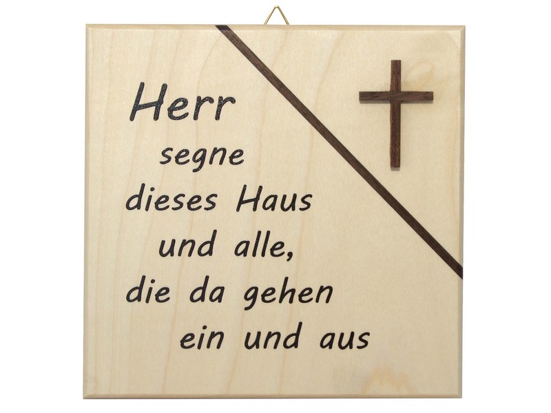 Holz-Haussegen Ahornholz mit Kreuz 14x14cm 'Herr segne..'