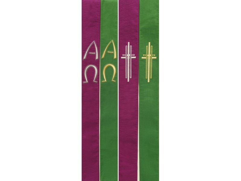 Doppelstola m. Alpha, Omega u. Kreuz grün/violett Doppelstola m. Alpha, Omega u. Kreuz grün/violett