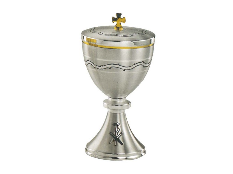 Ciborium mit Deckel, mit Pax, Messing versilbert, H: 19,5 cm