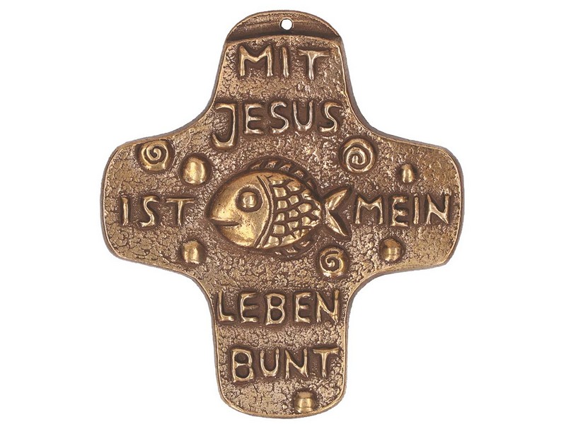 Bronzekreuz, \'Mit Jesus ist mein Leben bunt\' 9 x 8 cm \'V\'