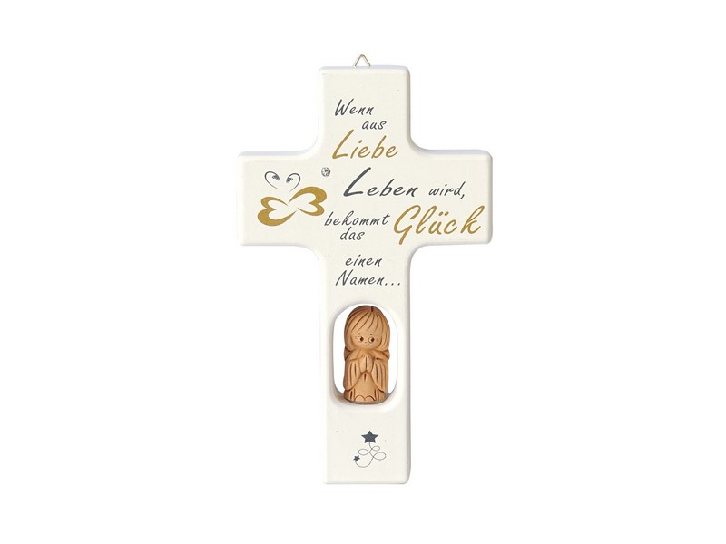 Kinderkreuz m. Schutzengel aus Ton, \'Wenn aus Liebe.\' 15x9cm