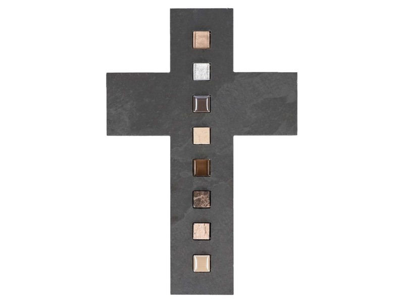 Schieferkreuz mit Inlays aus Mosaiksteinen 17,5x26 cm